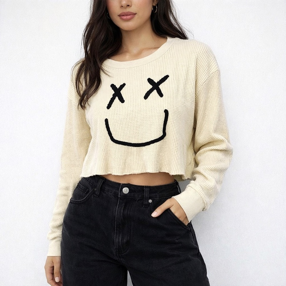 Forever 21 Smiley Face Graphic Cropped Waffle Knit Top | Cream | Size M
